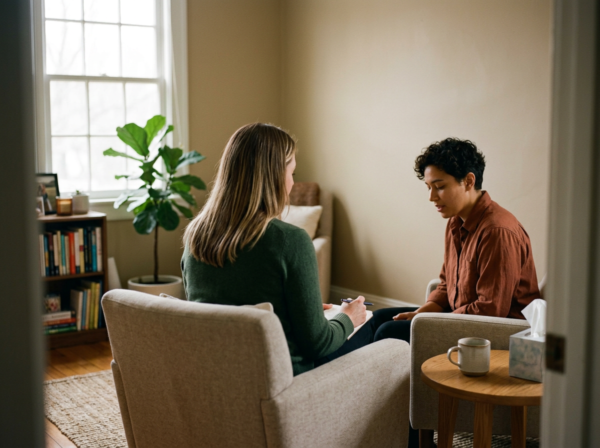 Deux personnes en conversation dans un salon, assises dans des fauteuils, avec une table à coté et des livres sur une étagère, une plante verte et une grande fenêtre en arrière-plan.