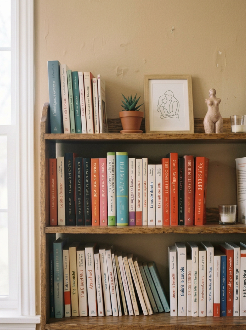 Une bibliothèque en bois contenant plusieurs étagères remplies de livres, avec une petite plante en pot, un dessin encadré, une petite sculpture de femme, des bougies et une fenêtre à gauche.