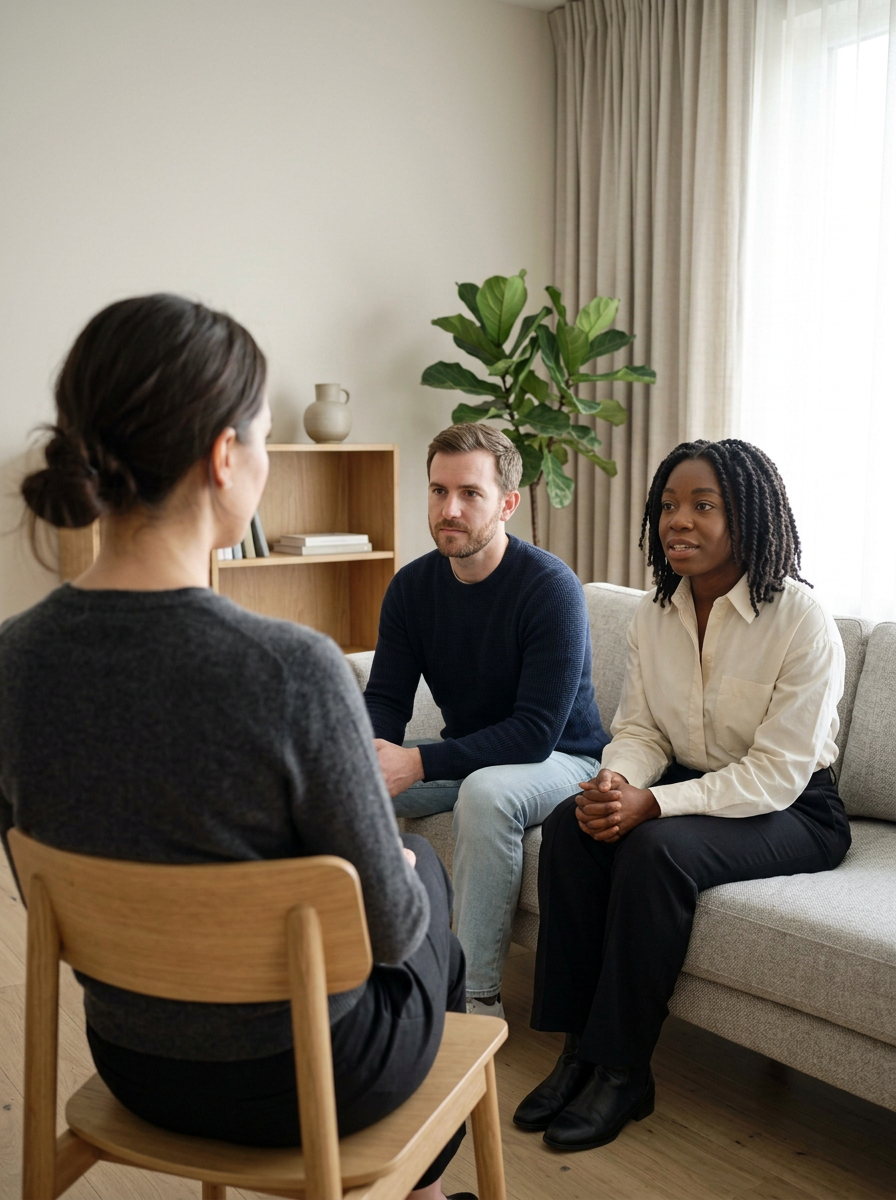 Trois personnes en discussion dans un salon, deux assises sur un canapé et une sur une chaise en bois, avec une grande plante verte derrière eux.