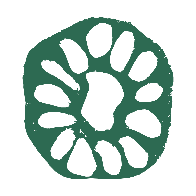 A stylized illustration of a green and black circular object with a hollow center and irregular shapes around its edges, resembling a sliced fruit or vegetable, on a black background.