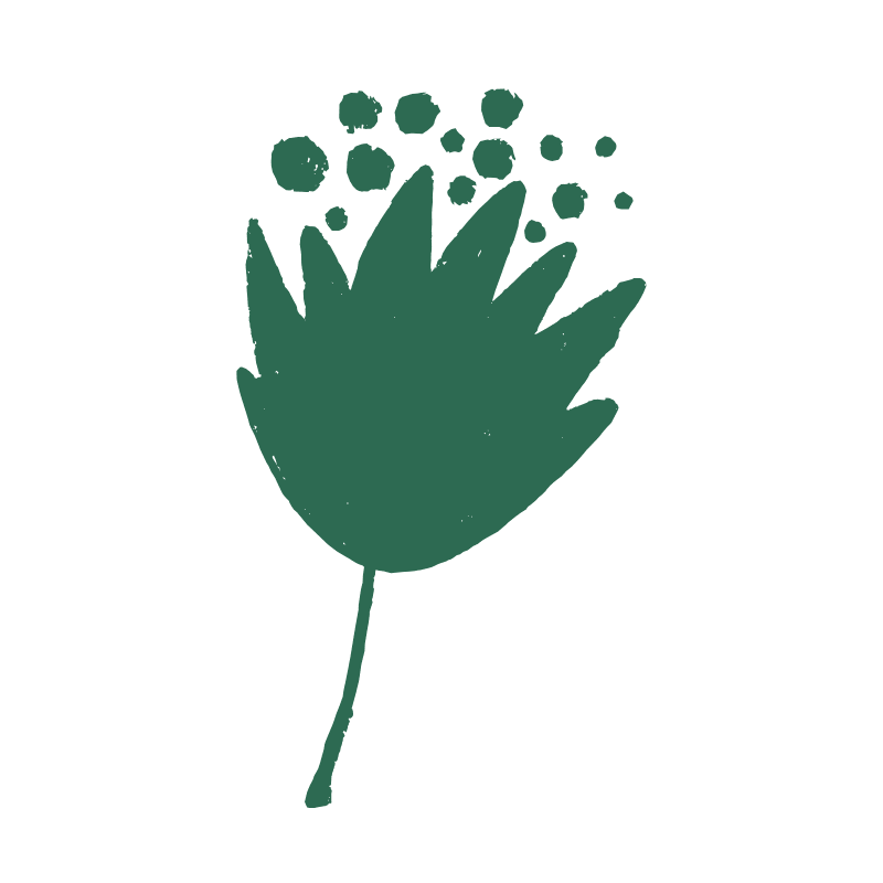 A green stylized flower with a stem, petals, and several small circles above it, resembling seed pods or pollen.