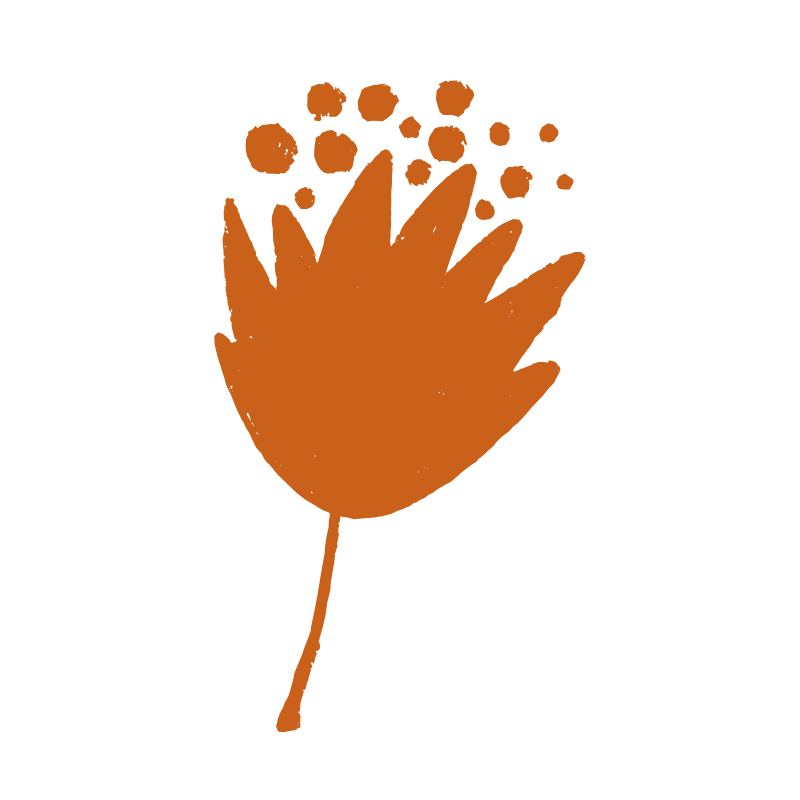 Stylized orange flower with scattered petal-like shapes above it on black background.
