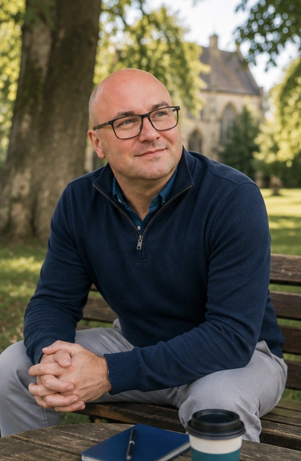 A man in glasses and a navy blue zip-up sweater sits on a park bench with his hands clasped, smiling and looking to the side. There is a coffee cup and a notebook with a pen on the bench, and trees and a building are visible in the background.