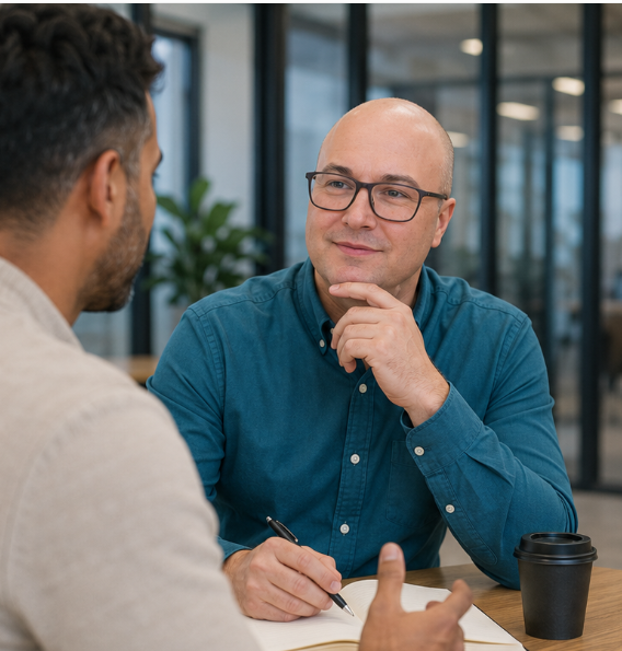 Two men engaged in a conversation at a coffee shop, one man with glasses and a blue shirt, thinking while holding a pen, and the other with a beige sweater, with a coffee cup on the table.
