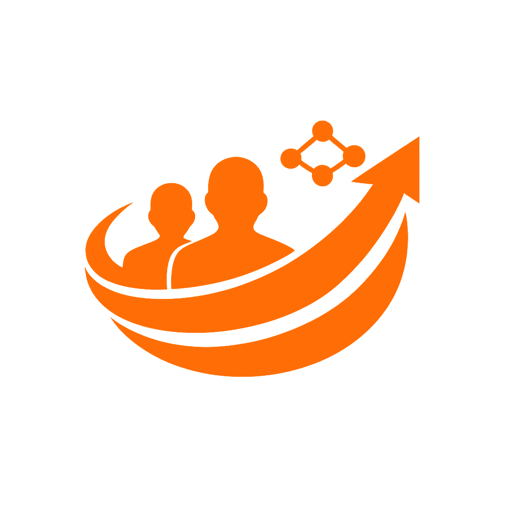 A graphic with two orange silhouette figures, a rising arrow, and molecular structure, symbolizing growth or progress in professional or scientific fields.