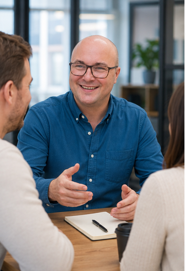 Man in glasses smiling and talking to two others in a casual office setting with a notebook and coffee cup on the table.