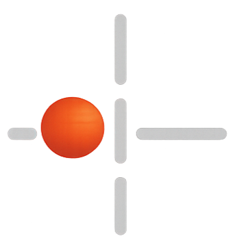 A red ball positioned at the lower left corner of a 3D structure resembling the letter 'E' made from gray rectangular bars.