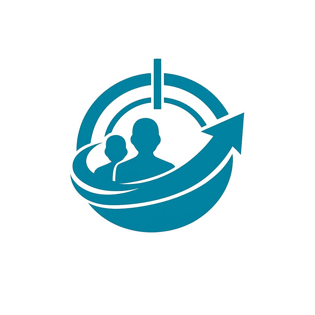 A stylized blue icon of two people, a man and a woman, inside a target with an upward arrow encircling them, symbolizing growth or progress in human resources or personal development.