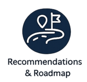 A circular logo with a stylized road or path and a location pin, accompanied by the text 'Recommendations & Roadmap' beneath.