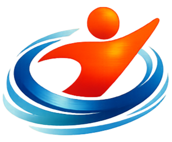 An abstract logo with a stylized figure of a person in orange surrounded by swirling blue and cyan rings.