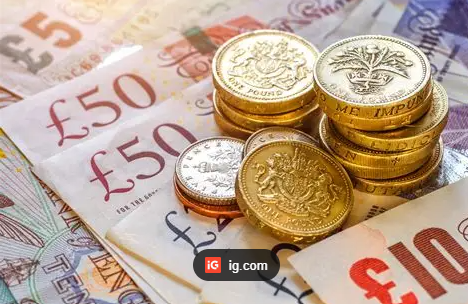 Piles of British pound banknotes and coins on a surface.