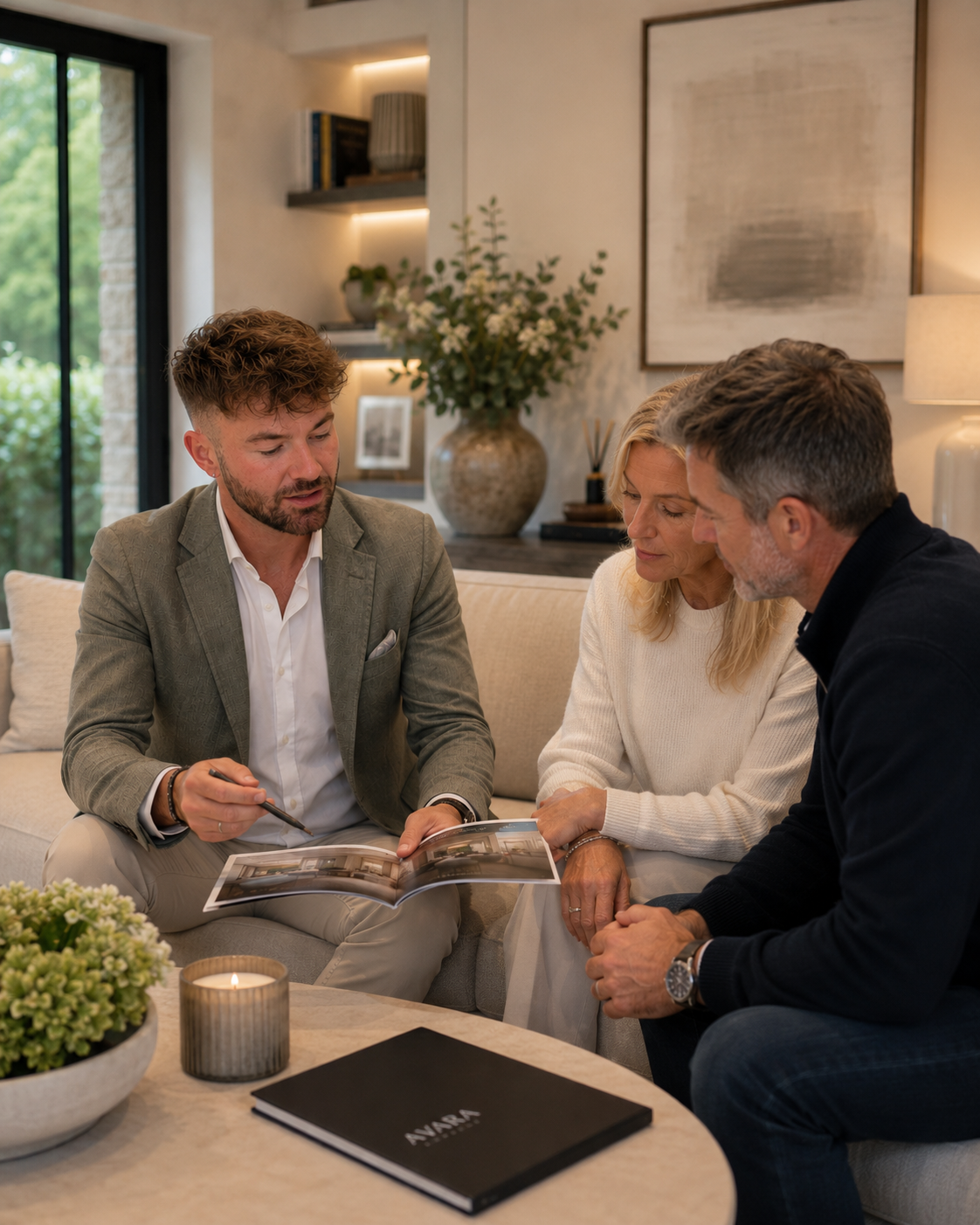 Three people discussing a home renovation or interior design project in a living room, with one person showing a brochure or magazine to the others.