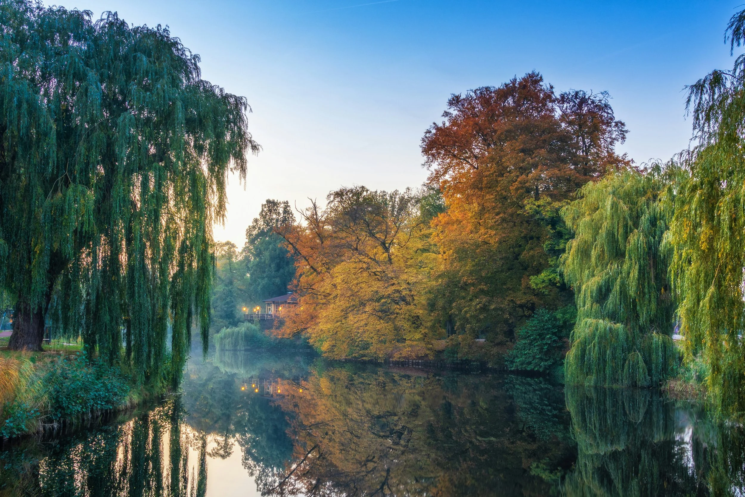 Een panoramisch uitzicht op een rivier omgeven door herfstbomen met geel, oranje en groen blad, met een blauwe hemel en een kabbelende wateroppervlakte die de omgeving weerspiegelt.