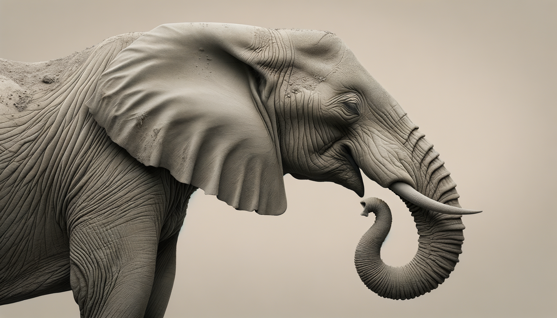 A detailed 3D rendering of an elephant's head and trunk, showing textured skin and large floppy ear.