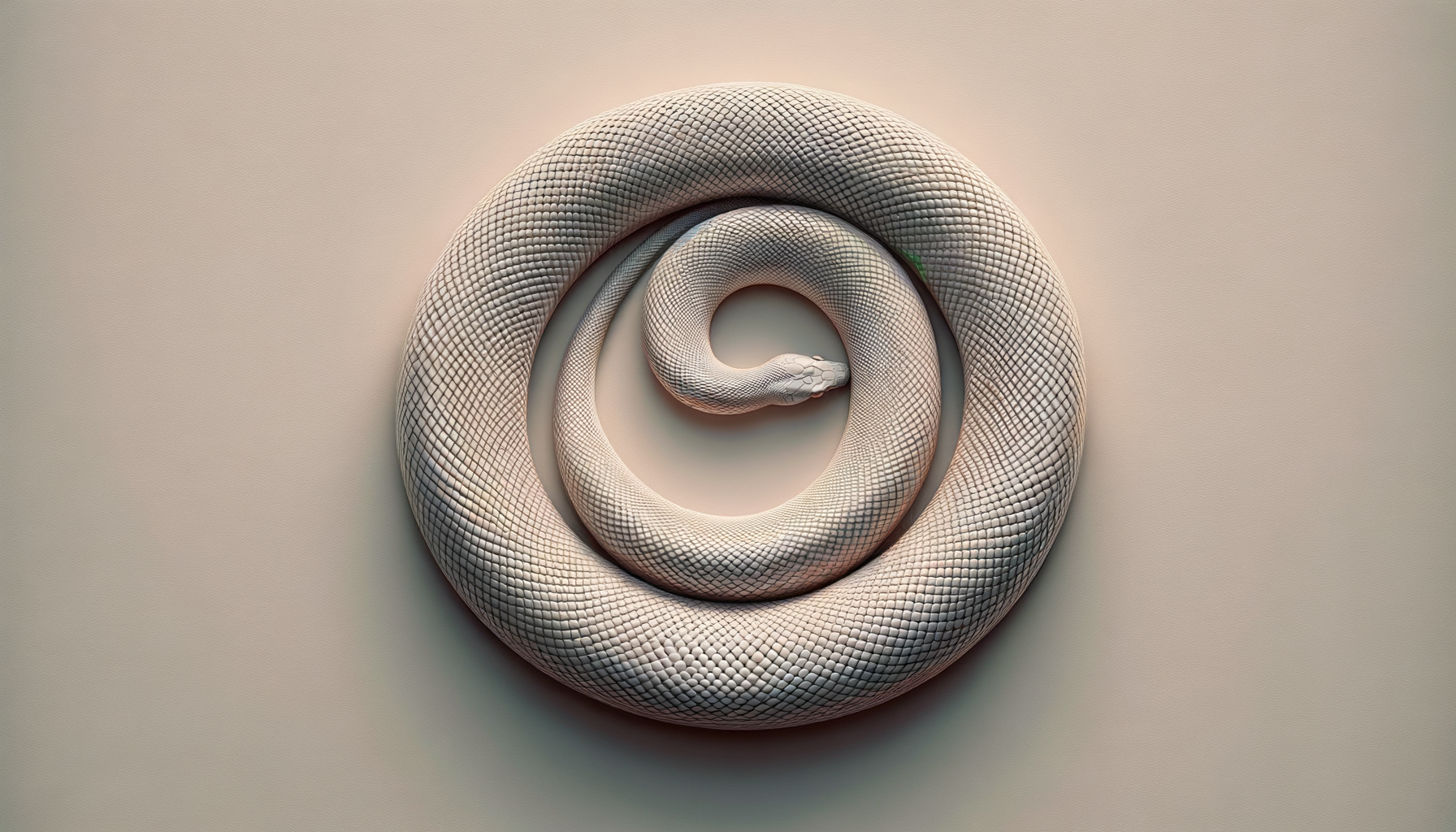 A white snake coiled in a spiral on a neutral background.