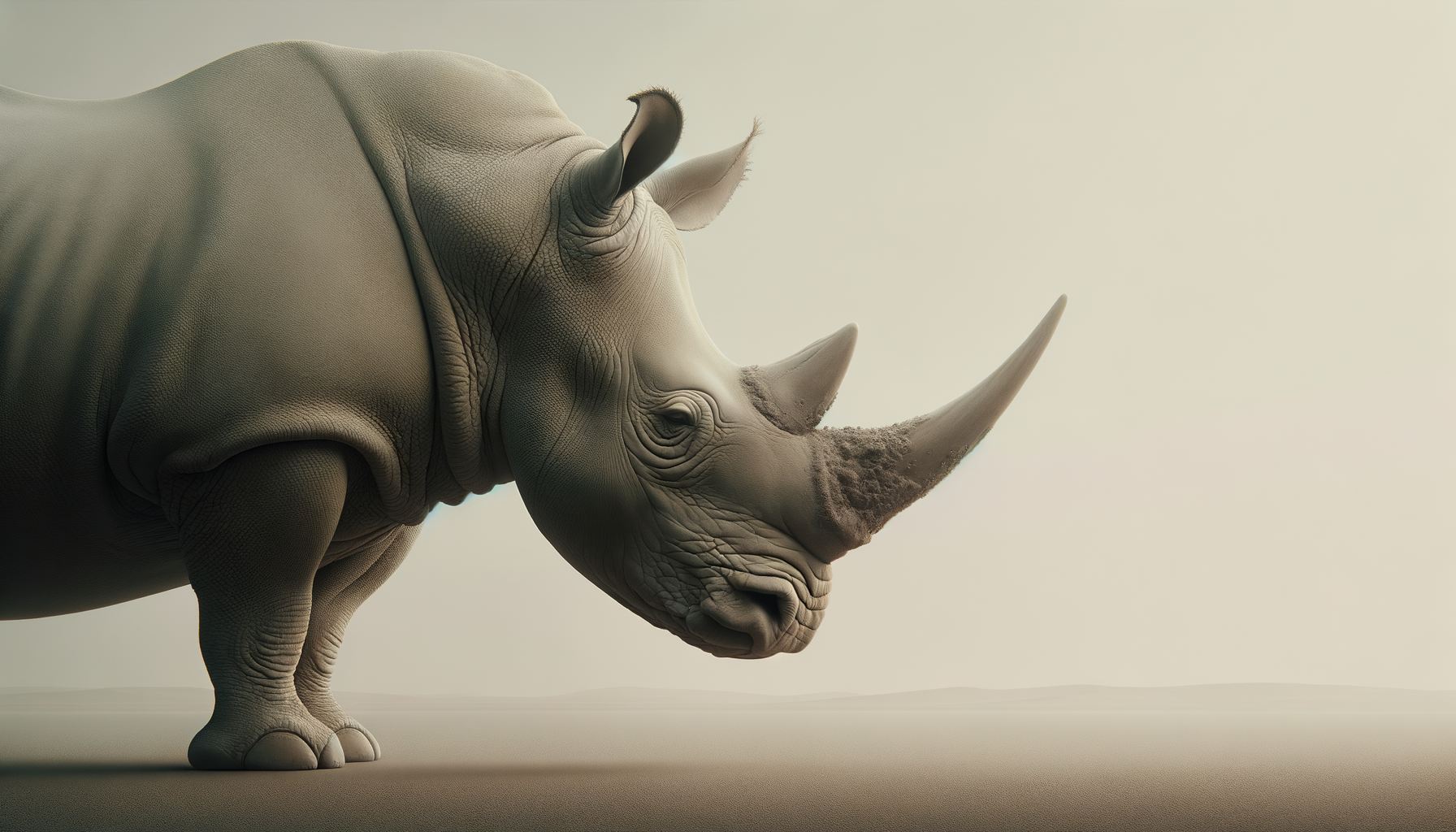 A realistic 3D rendering of a rhinoceros standing on a plain with a light-colored background.