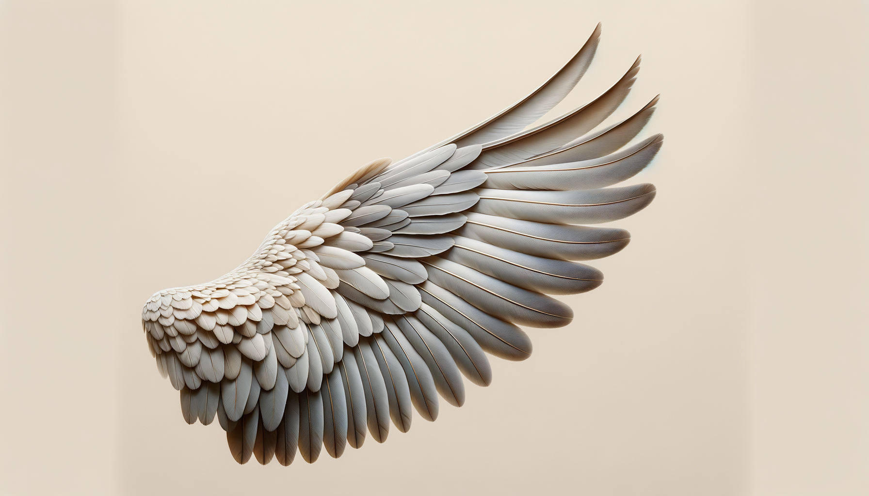 Close-up of a collection of bird feathers arranged to resemble a wing, with shades of white, cream, and light brown against a neutral background.