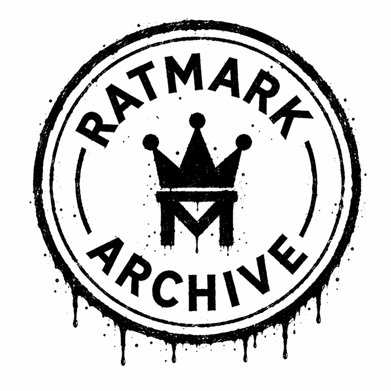 Black and white circular stamp with a crown inside, with the words "RAT MARKET ARCHIVE" surrounding the crown.