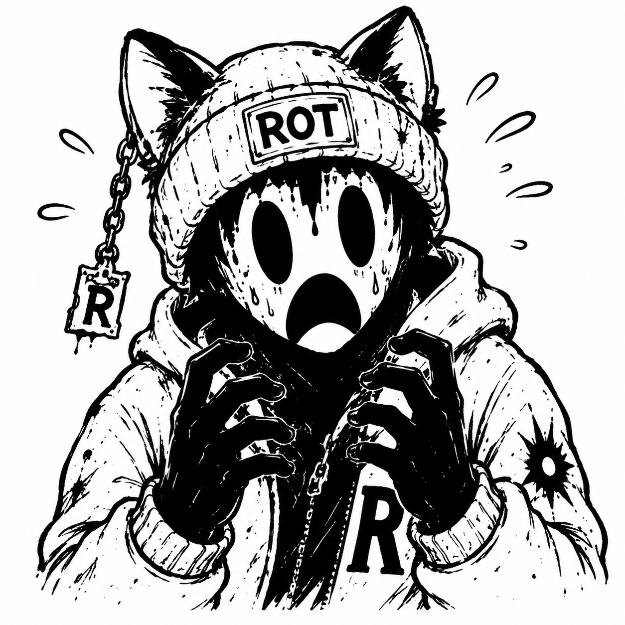 A black and white drawing of a cartoon character with a surprised expression, wearing a beanie with 'ROT' on it, a hoodie with 'R', and gloves, with dark eye holes and sweat drops.