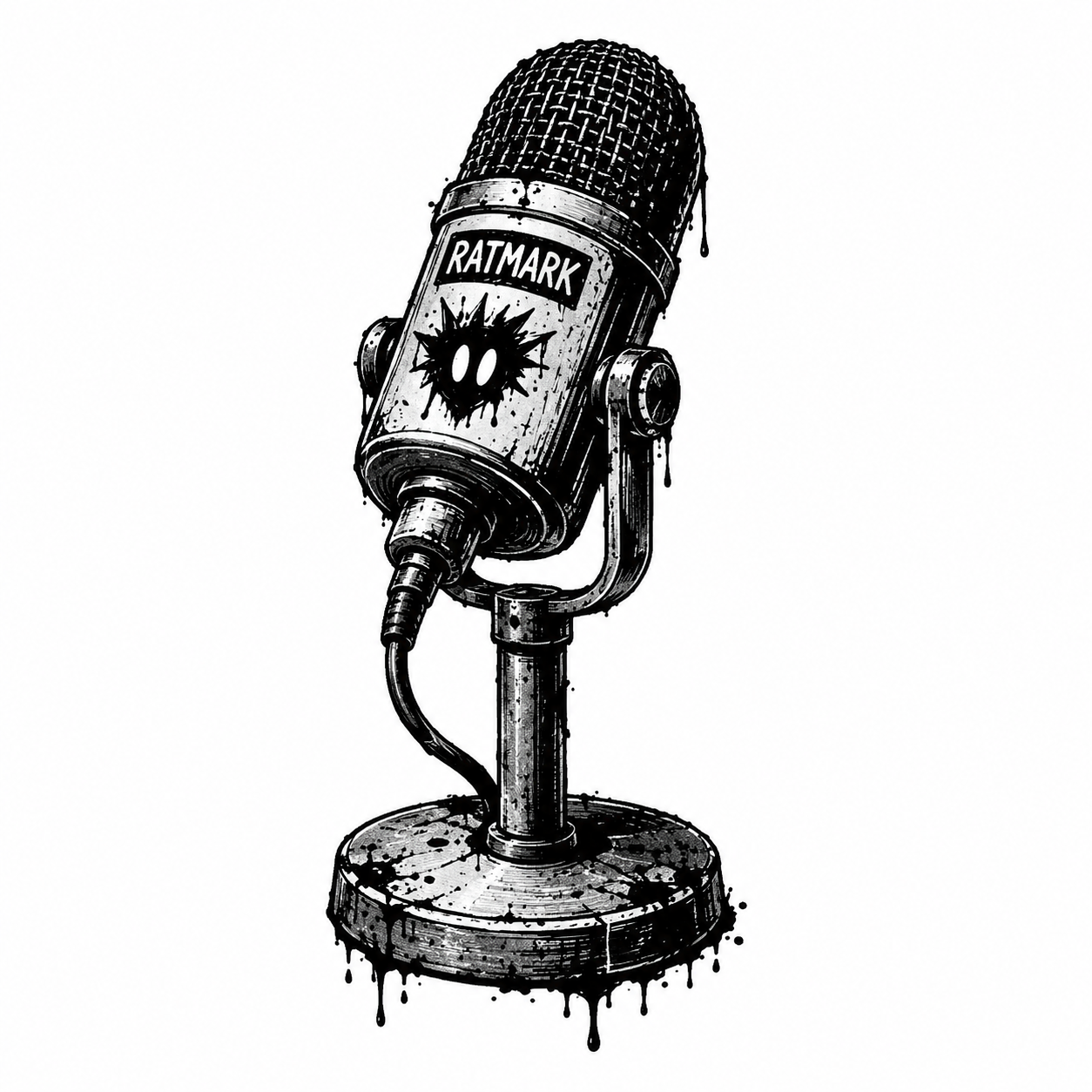 Black and white illustration of a vintage microphone with graffiti-style art, including a cartoon-like face and the text 'RATMARK' on the front, with paint drips at the bottom.