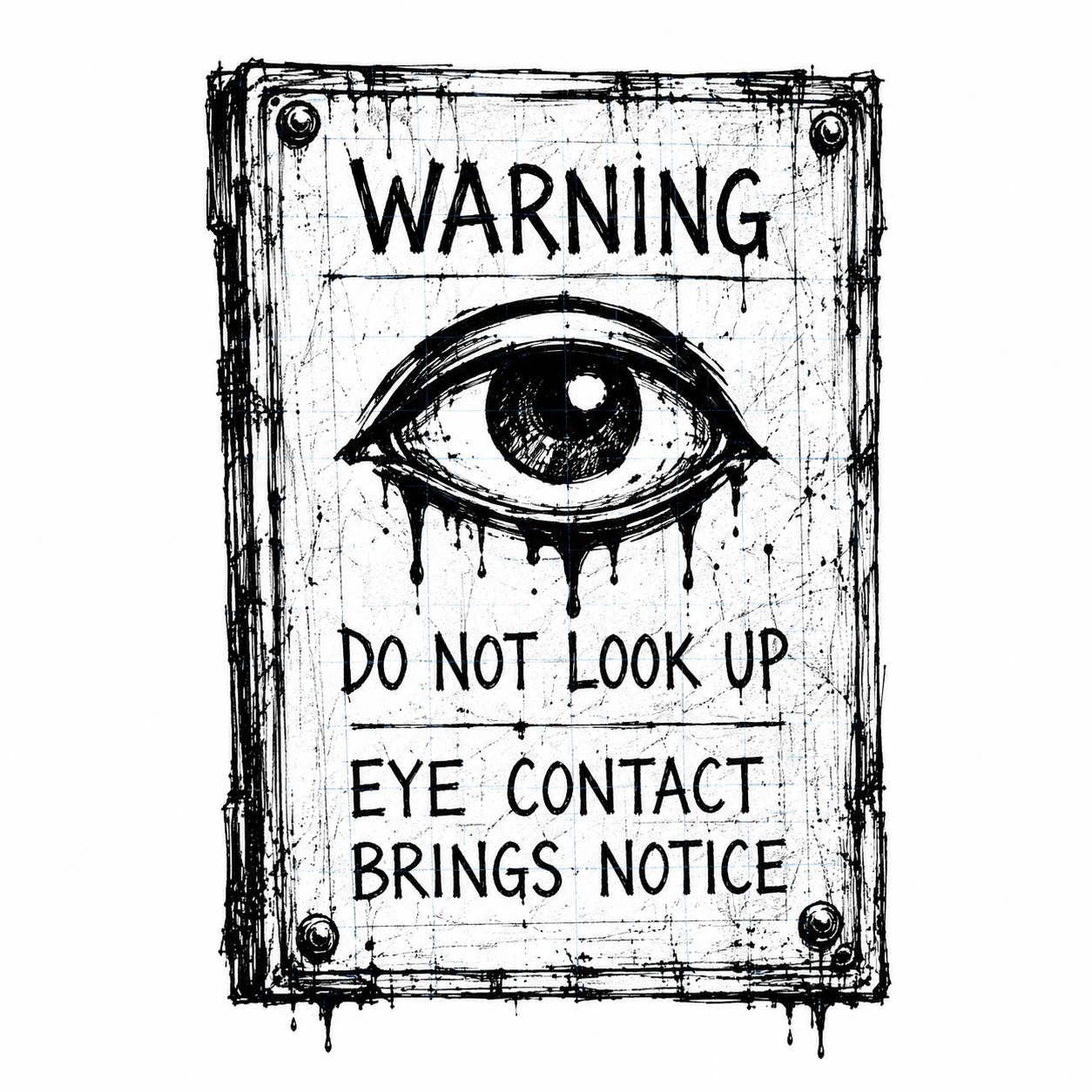 A warning sign with a large eye illustration and dripping ink effects, stating, 'Warning, Do Not Look Up, Eye Contact Brings Notice'.