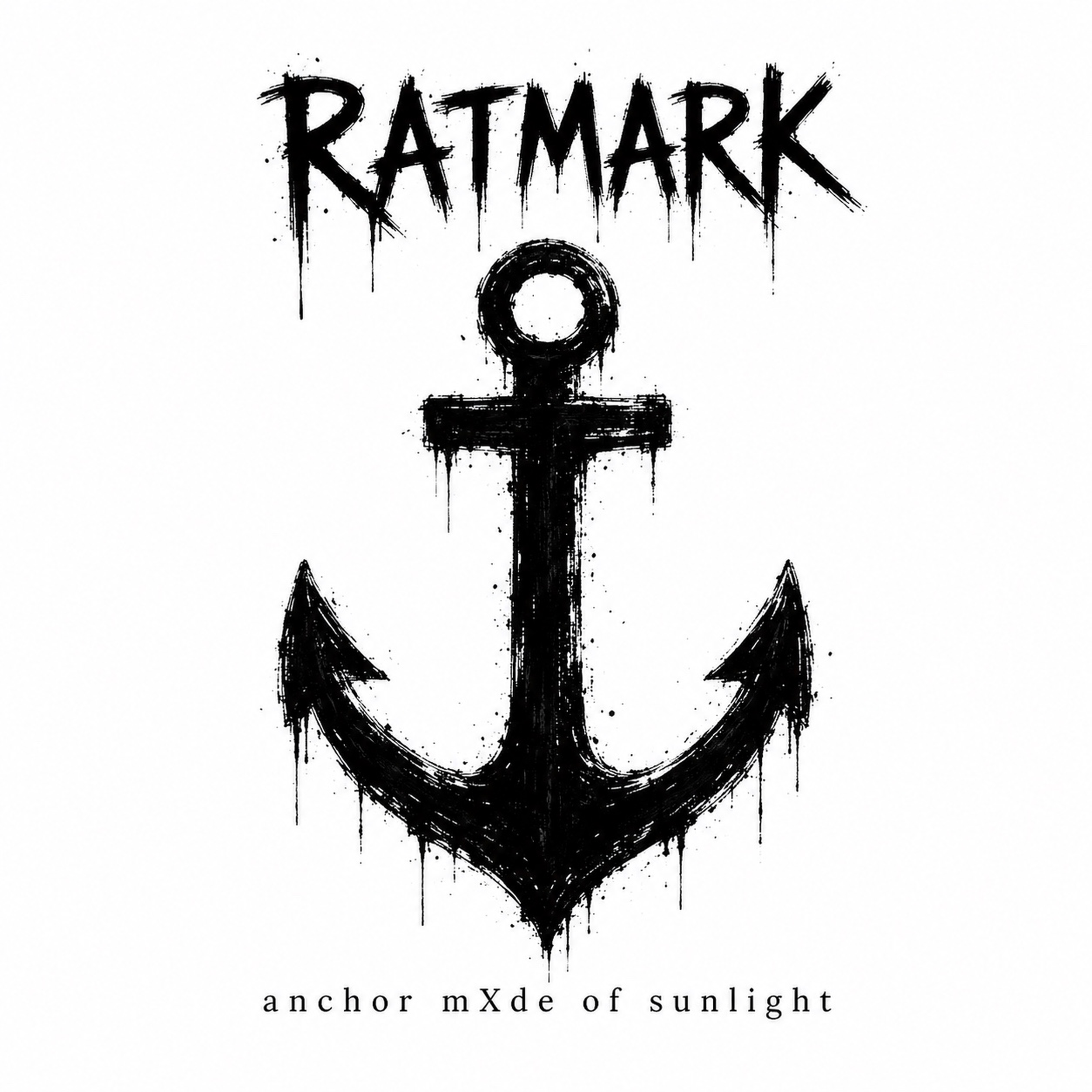 Black ink illustration of a splattered anchor above the word “RATMARK,” with smaller distressed lettering below.