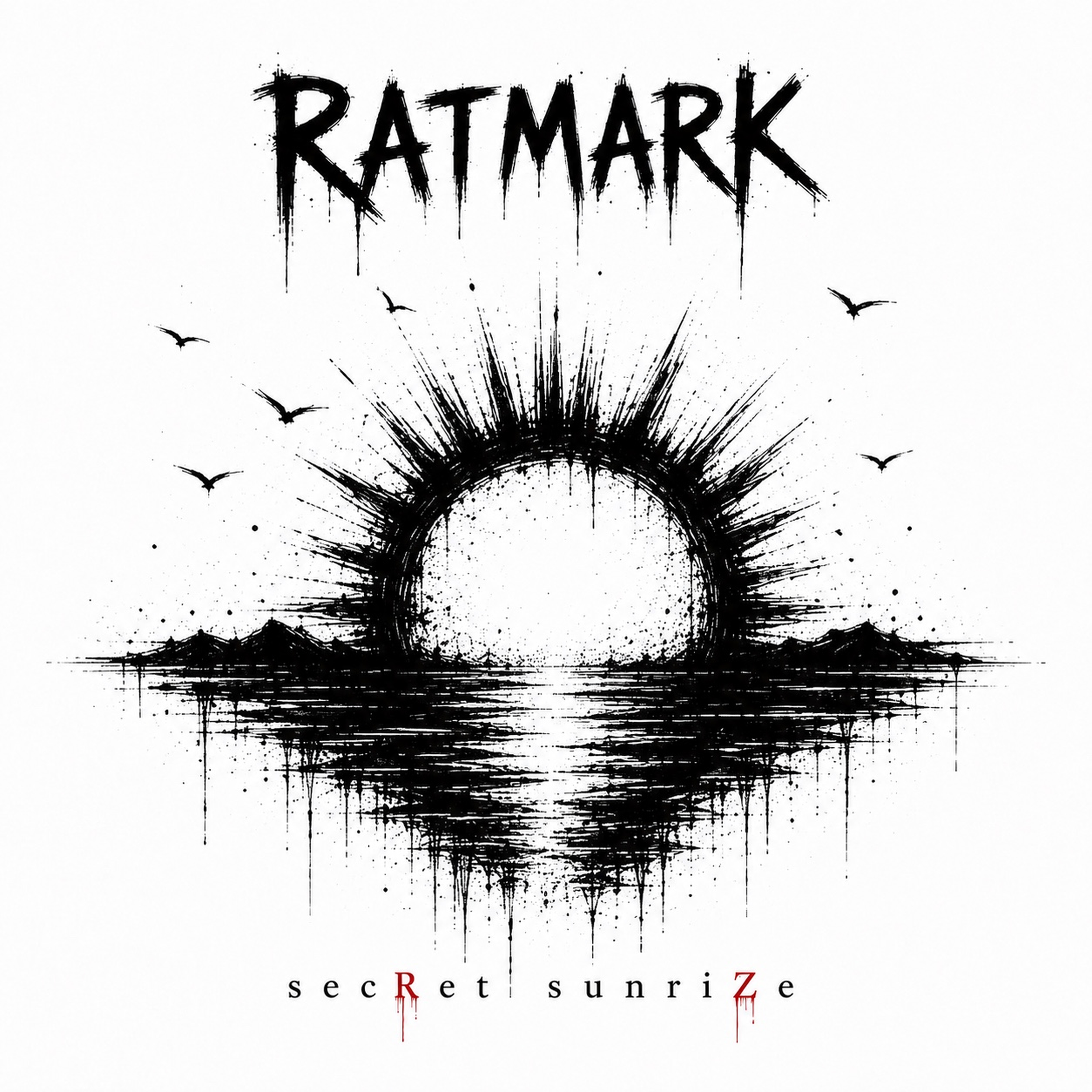 Black-and-white abstract RATMARK graphic with “secret sunrise” in distressed red lettering near the bottom.