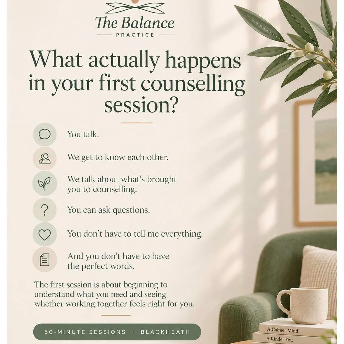 Use the link below to book a free 10 minute consultation

https://calendly.com/louise-thebalancepractice/10min

#BlackheathLondon #BlackheathSE3 #GreenwichLondon #SouthEastLondon #CounsellingLondon #TherapyLondon #WomensMentalHealth #SelfCompassion #