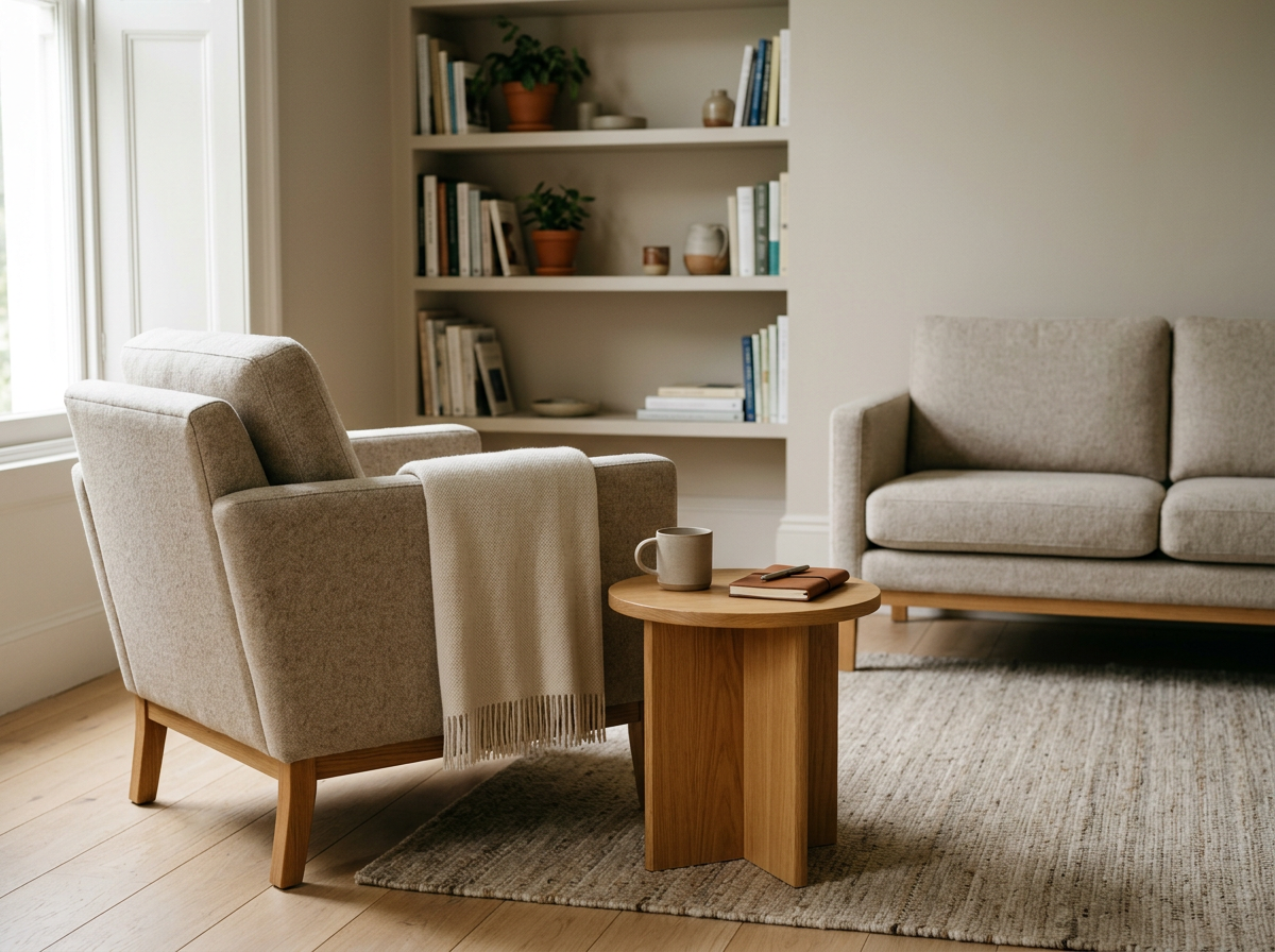 A cozy living room with a beige armchair, a light gray sofa, a wooden side table with a mug, notebook, and pen, a patterned rug, and a built-in bookshelf filled with books and decorative items.