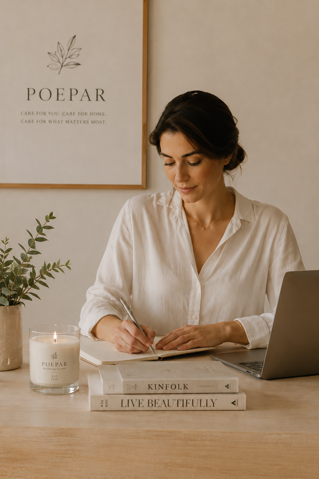 A woman sitting at a wooden table, writing in an open notebook. Nearby are two stacked books titled "Kinfolk" and "Live Beautifully," a lit candle labeled "POEPAR," and a potted plant. In the background, a framed poster reads "POEPAR care for you, care for home, care for what matters most."