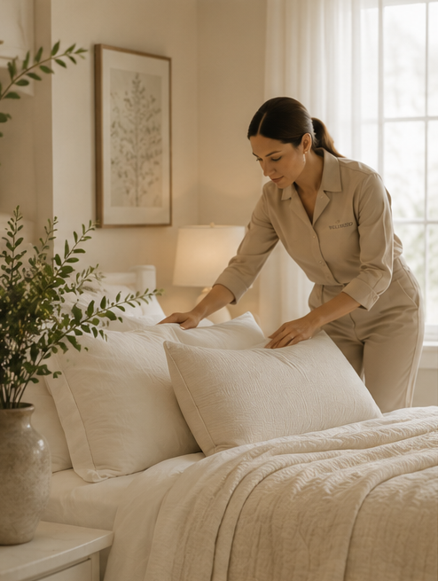 A woman in beige pajamas makes a bed with white linens and pillows in a bright, cozy bedroom with a large window, a desk lamp, and framed artwork on the wall.