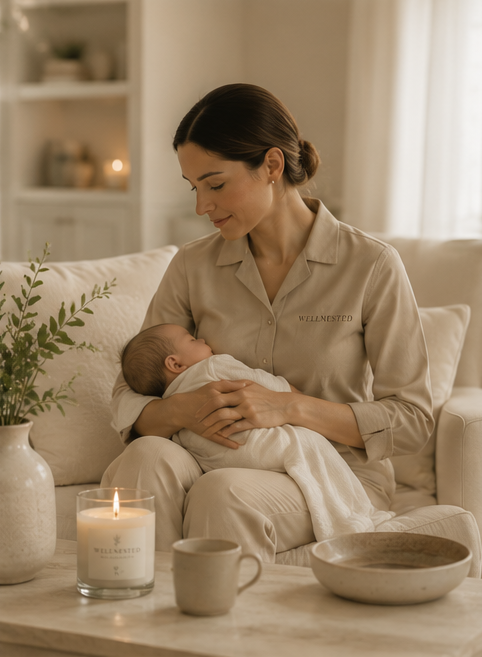 A woman wearing beige pajamas sitting on a sofa holding a newborn baby wrapped in a blanket, in a cozy living room with a candle, a plant, and decorative items.