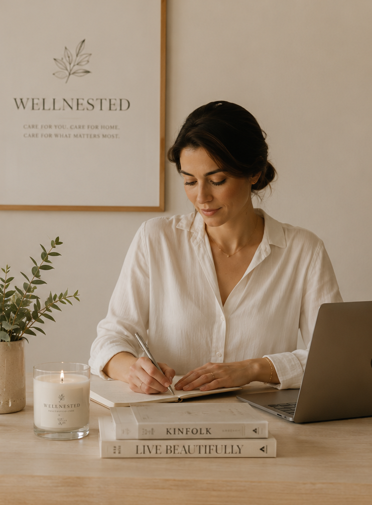 Women writing in a notebook at a desk with a laptop, potted plant, candle, and books, in a wellness or home office setting.