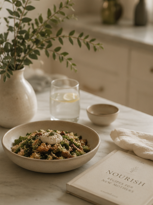 A bowl of salad with greens, nuts, and a dollop of yogurt on top, placed on a white marble table. Next to it is a glass of water with lemon slices, a small bowl, a white cloth, and a book titled "Nourish" with the subtitle "Recipes for New Moth..." in a cozy, well-lit kitchen with a large plant in a vase in the background.