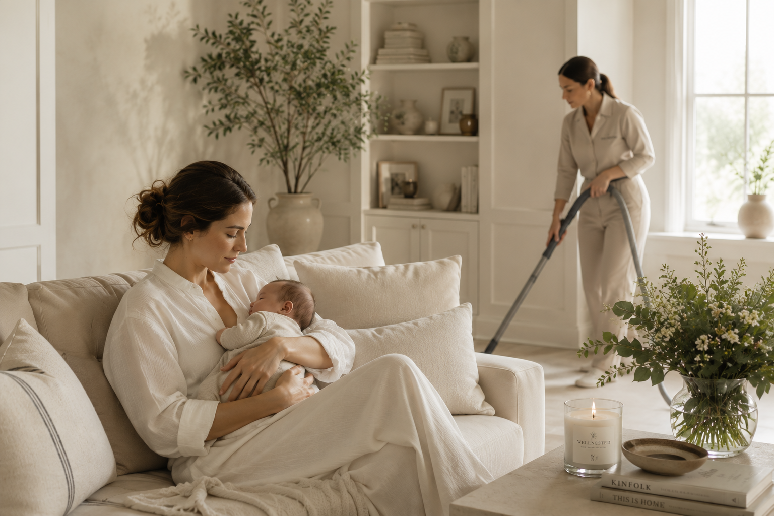 A woman in a white dress sitting on a beige sofa, holding and breastfeeding a baby, with another woman vacuuming in the background near a window. The room has a cozy, neutral decor with plants, candles, and books.