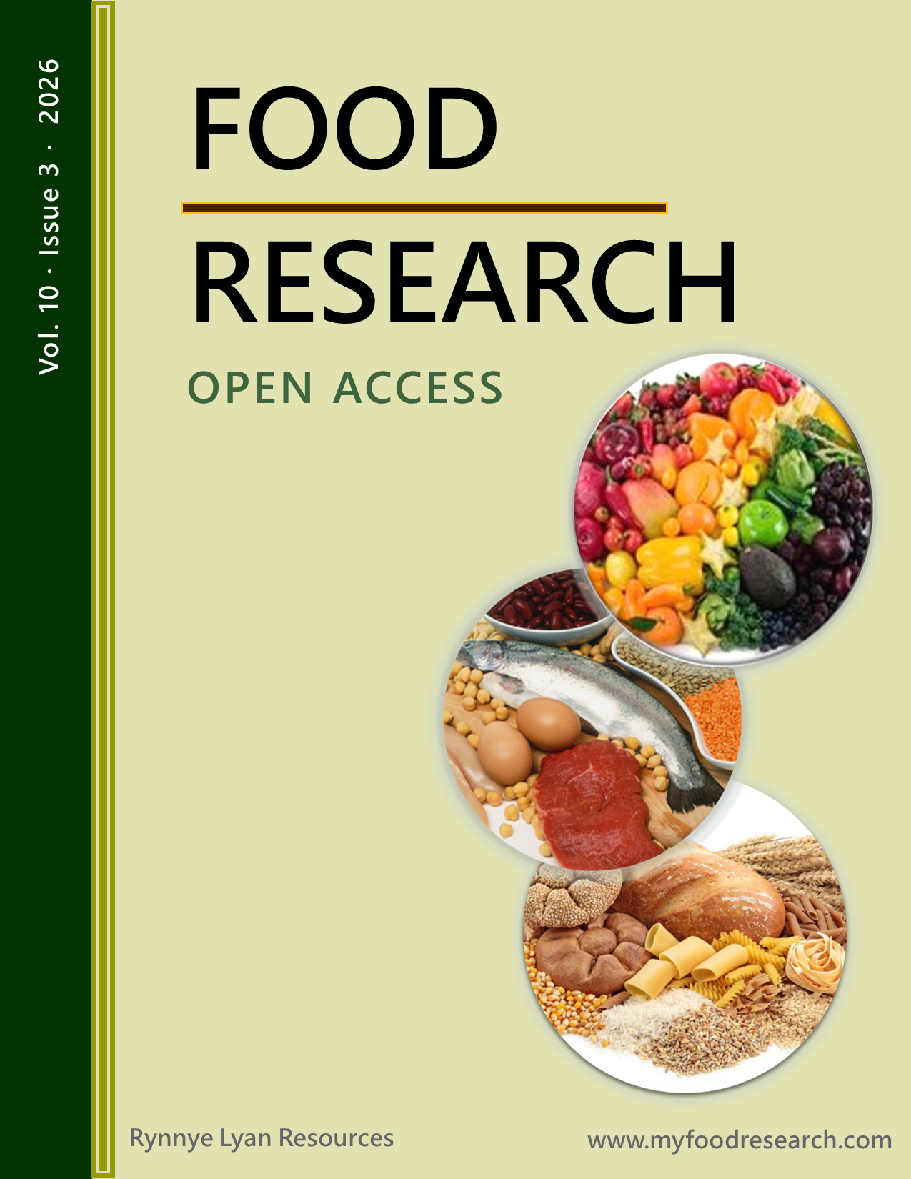 Cover of a food research journal titled 'Food Research' with images of fresh produce, meats, grains, and baked goods.