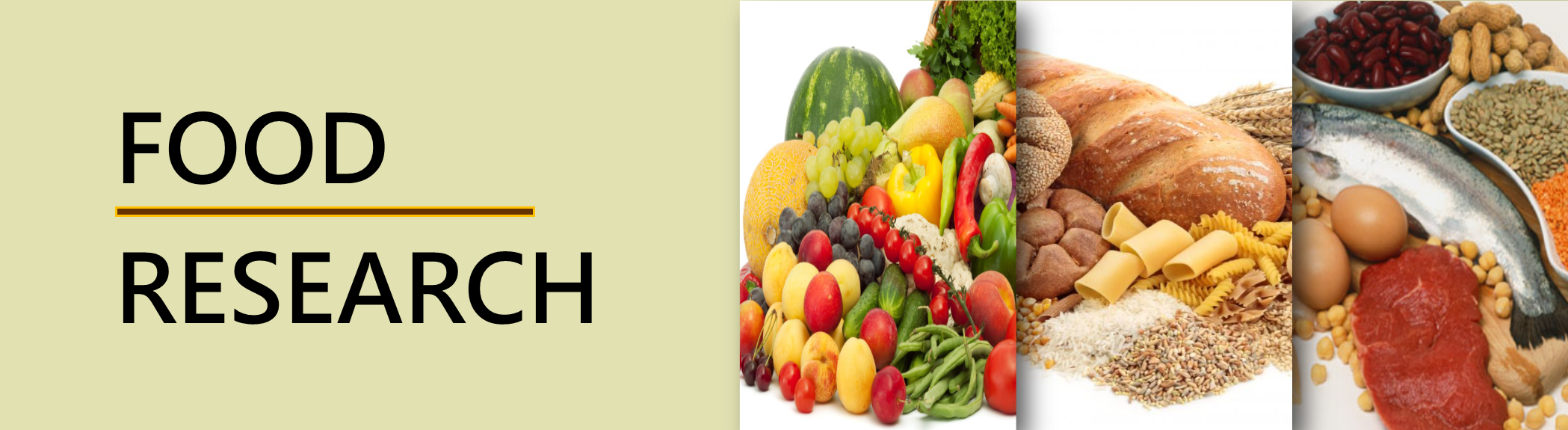 A collage of food items alongside the text 'Food Research'. The collage includes fresh fruits, vegetables, bread, pasta, eggs, fish, beans, grains, and meat.