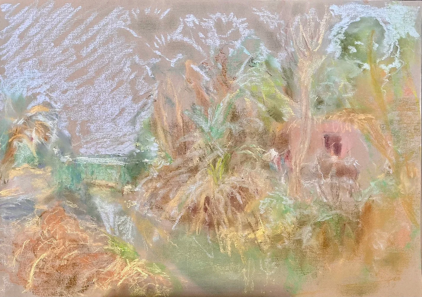 A soft, pastel-colored impressionist painting of a garden scene with plants and trees, featuring light greens, pinks, and browns.