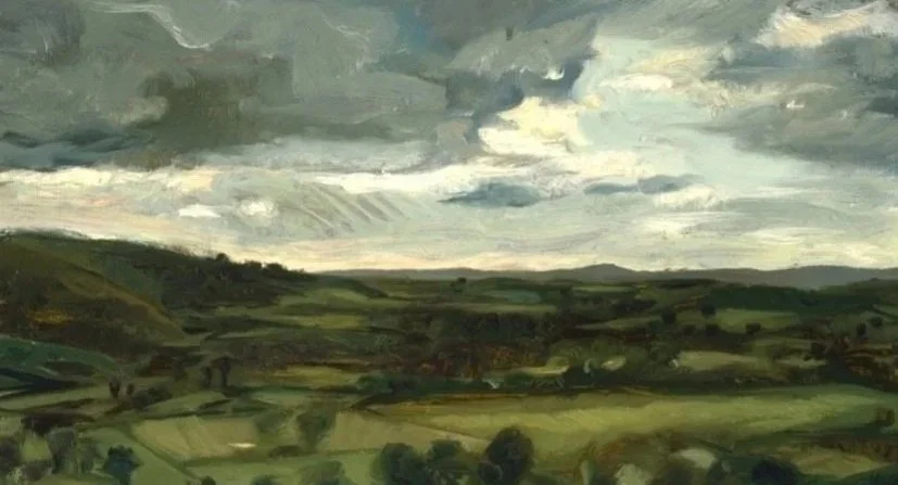 A landscape painting of a cloudy sky over rolling green hills with patches of trees and fields.