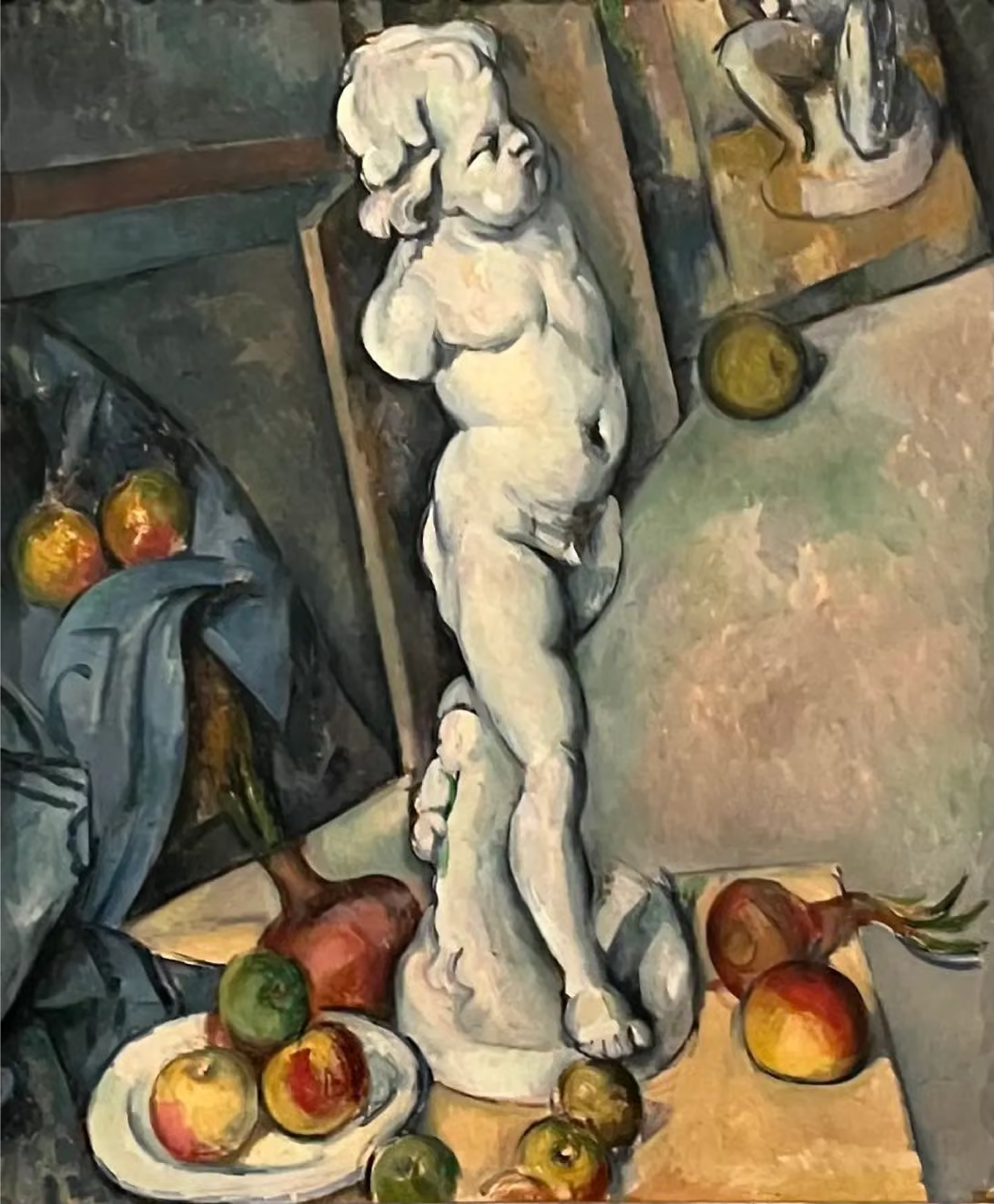 A painting of a nude woman sitting on the floor next to a table with a bowl of apples, surrounded by several apples on the ground. The woman is resting her head on her hand and appears to be lost in thought. The scene has an impressionistic style with visible brushstrokes.