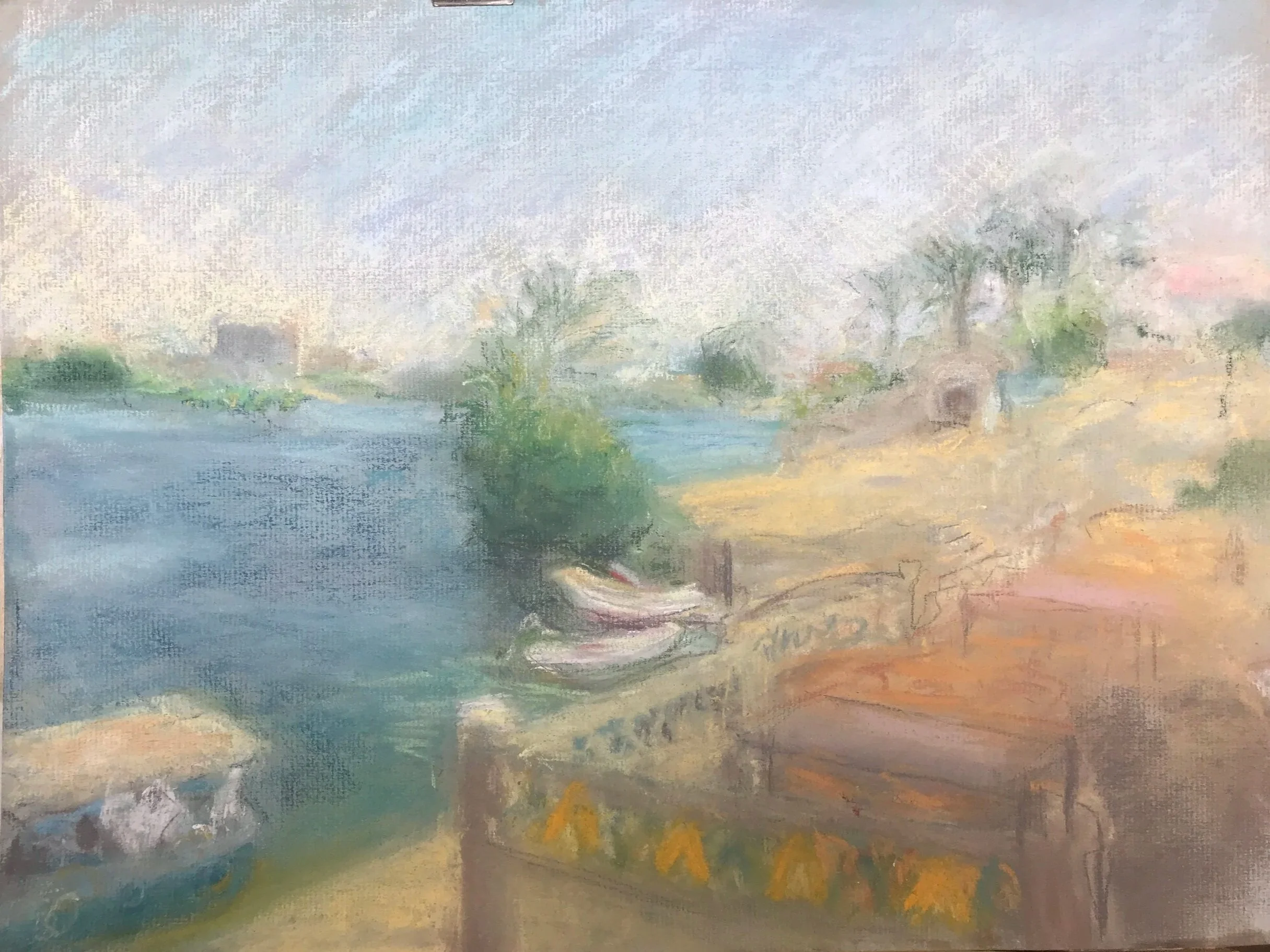 Susie Elliott - Moored off Elephantine Island, Aswan - 39cm x 47cm - Pastel on paper - £595