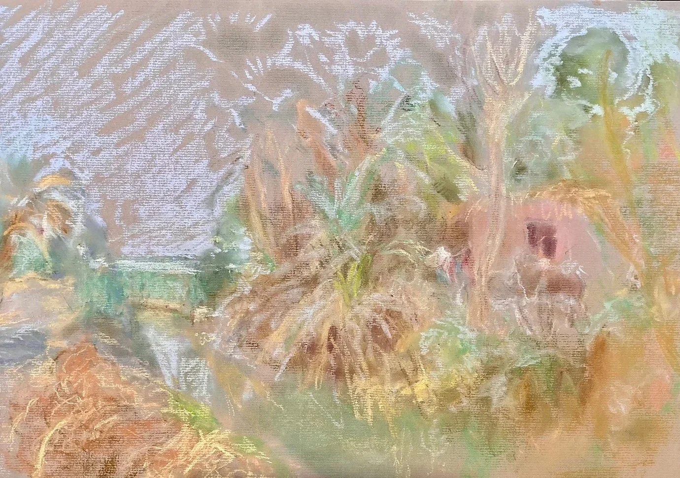 Susie Elliott - Beside the stream, an Egyptian village near Aswan - Pastel on paper - 46cm x 58cm - £695
