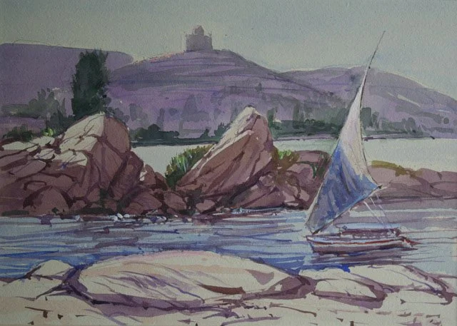 Geoffrey Leckie - Elephantine Stones & Felucca - Watercolour - 25cm x 35cm - £1200