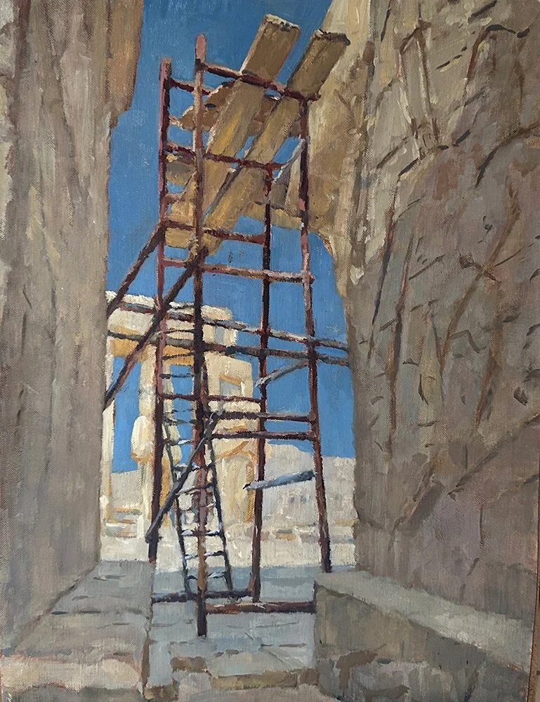 Painting of a construction scaffold set between two tall stone walls, with a clear blue sky in the background.