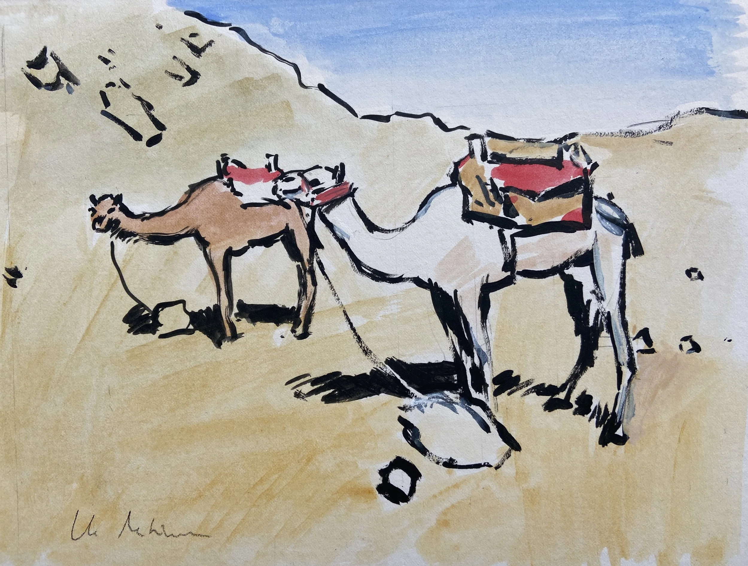 Luke Martineau - A pair of Camels -  Acrylic on card - 15cm x 20cm - £750