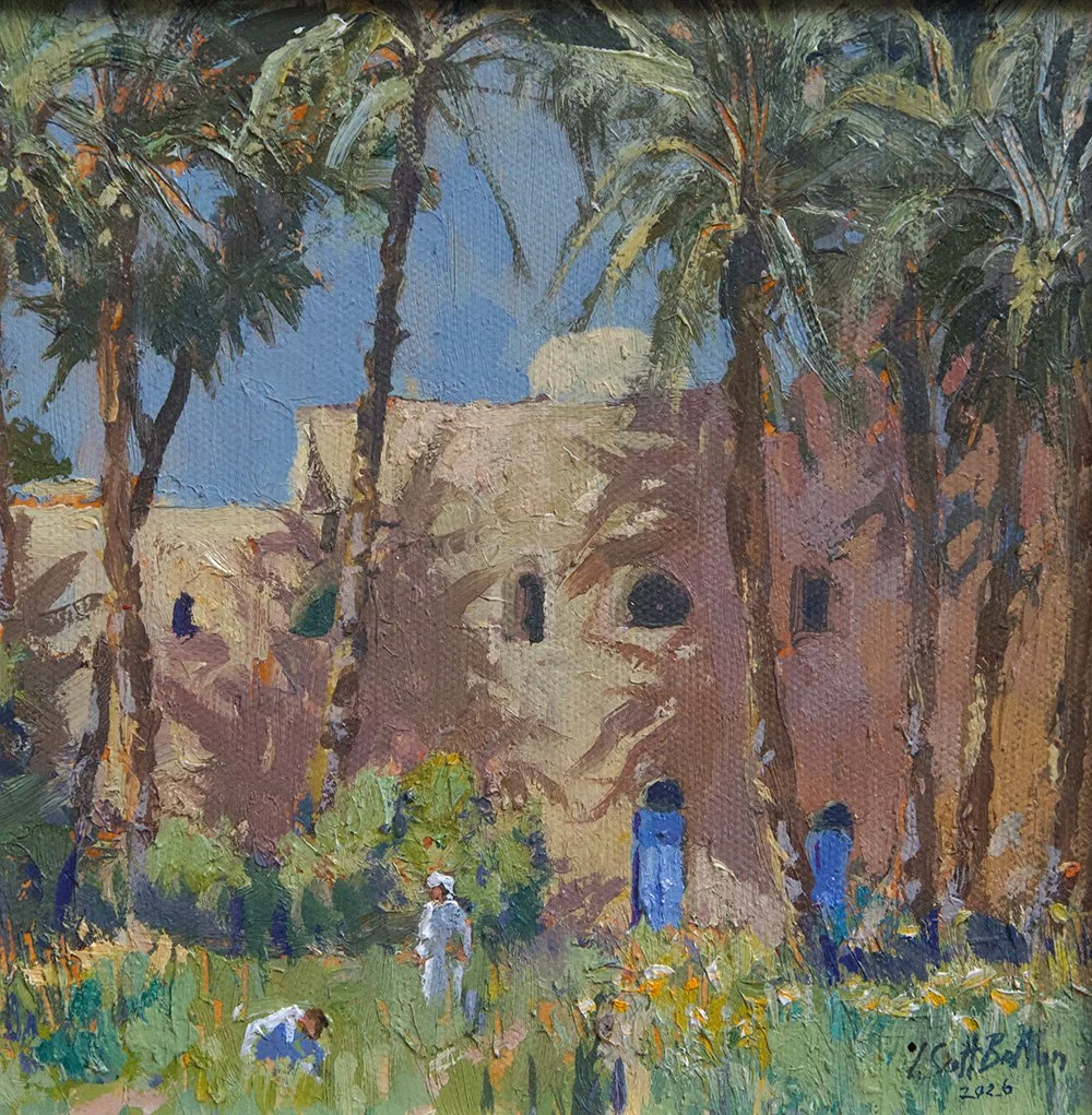 Tim Scott Bolton - Village West Bank Luxor - Watercolour - 20cm x 20cm - £400
