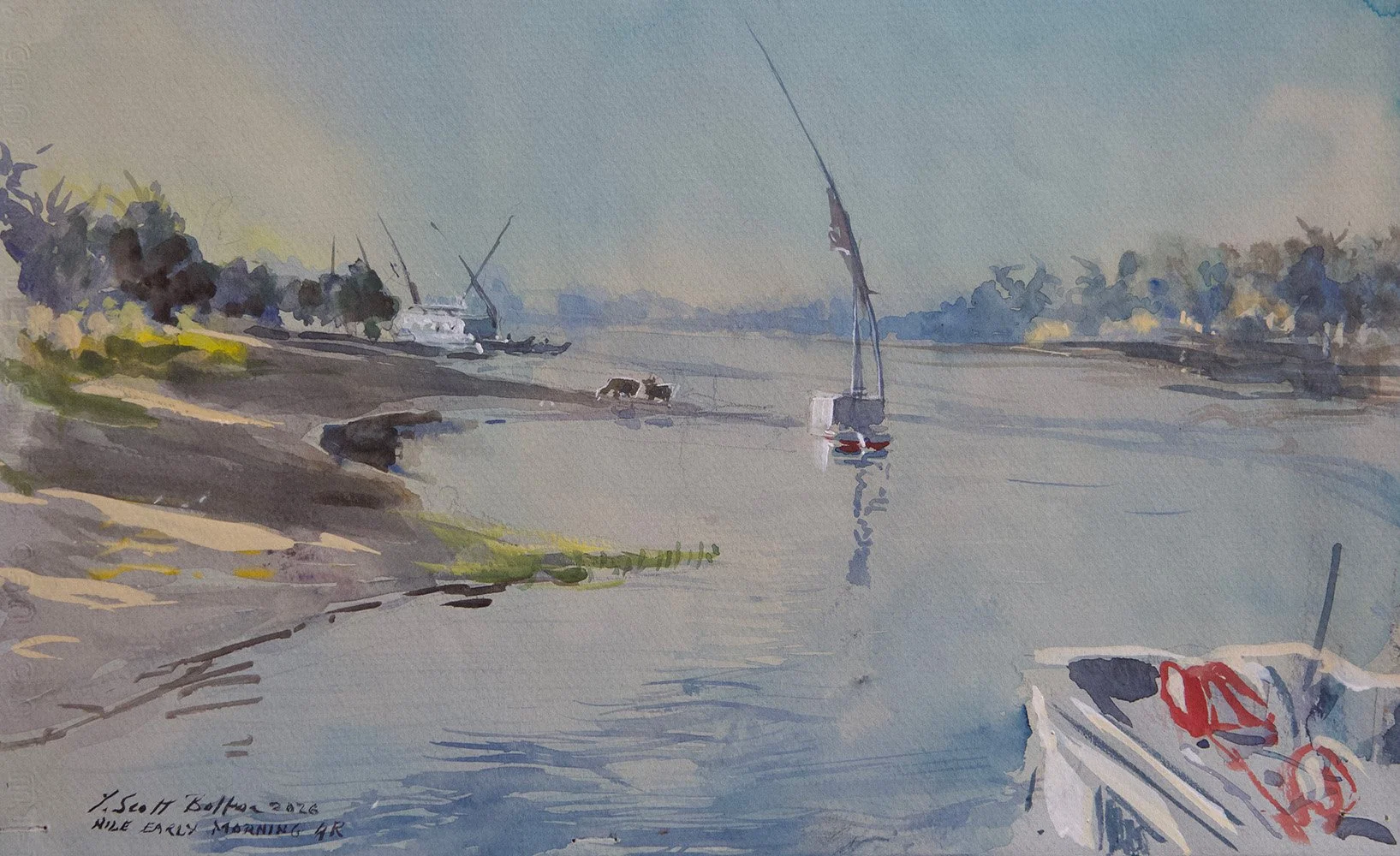 A watercolour painting of a quiet river scene at early morning, with sailing boats moored along the shoreline, some animals near the water, and trees in the distance.