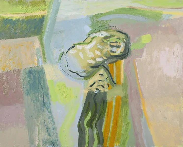 Abstract painting of a person with their head resting on their arm, sitting with legs crossed, set against a colorful background.