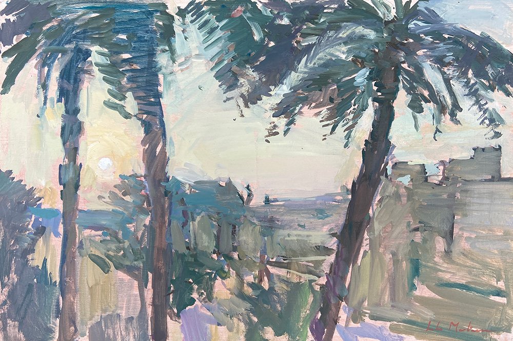 Painting of a tropical scene with palm trees, a body of water, and sunset or sunrise in the background.