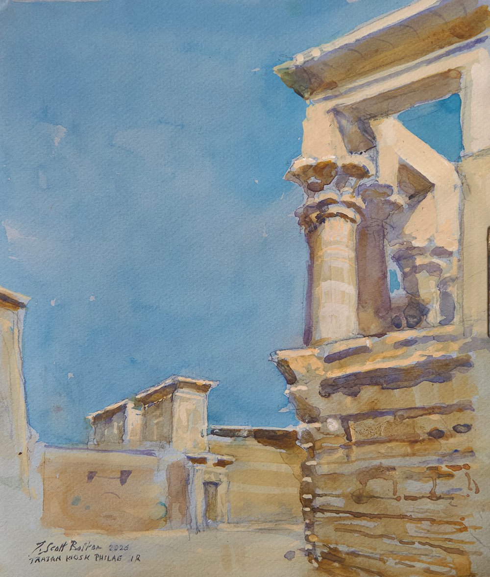 Watercolour painting of ancient ruins with stone columns and walls under a clear blue sky.